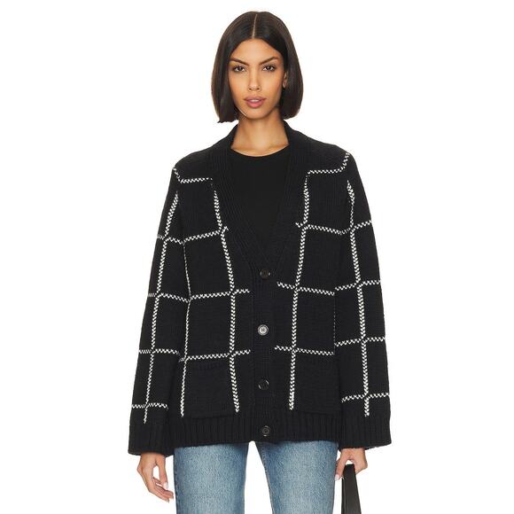 Anine Bing Cardigan Kurt Black Plaid Knitted Front Button Long Sleeve Sz M - Picture 2 of 7